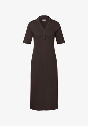 Abito polo marrone scuro con scollatura a V e maniche corte. Presenta una chiusura con bottoni e una silhouette aderente con orlo a lunghezza ginocchio.