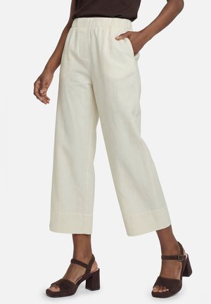 Persoon draagt crèmekleurige wijde cropped broek met elastische taille en bruine sandalen met hak, één hand in de zak.
