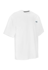 Witte oversized t-shirt van katoen, met korte mouwen en een ronde hals. Kleine blauwe print "SUMMER VIBES" op de linkerkant van de borst.