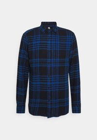 Camicia a quadri nera e blu con chiusura a bottoni, maniche lunghe e colletto. Caratterizzata da una texture morbida del tessuto e motivi uniformi.