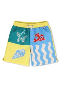 Shorts de bain colorés avec un motif d'étoile de mer et de coquillage, principalement en bleu, vert et jaune, dotés d'une taille à cordon et d'une texture lisse.
