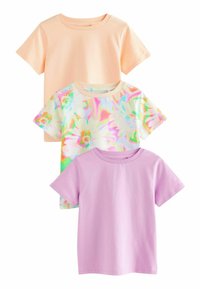 Drei kurzärmeliges T-Shirts: eines in Pfirsichfarbe, eines mit mehrfarbigem Blumenmuster und eines in Lavendel. Alle haben einen Rundhalsausschnitt und sind aus Baumwolle.