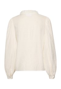 Lightweight, cream-colored blouse with a textured fabric, rounded neckline, and long, gathered sleeves with button cuffs.