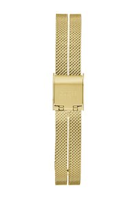 Bracelet de montre en maille dorée avec un fermoir lisse. Présente un design élégant, des brins de maille texturés et le logo "GUESS" sur le fermoir.