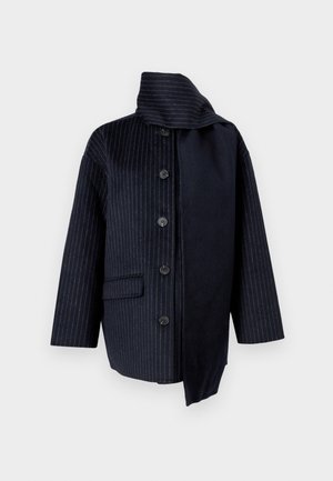 Navy coat featuring vertical pinstripes, a high collar, seven buttons, one pocket, and contrasting fabric on one side. Made of textured material.