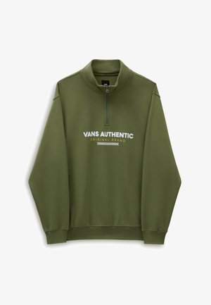 Pull-over vert olive à manches longues avec fermeture éclair quart, texte "VANS AUTHENTIC ORIGINAL BRAND" sur la poitrine, poignets et ourlet côtelés.