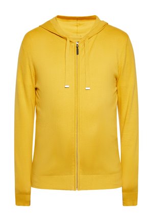 Gele hoodie met lange mouwen, rits aan de voorkant en koordjes, gemaakt van zachte stof, weergegeven op een eenvoudige witte achtergrond.