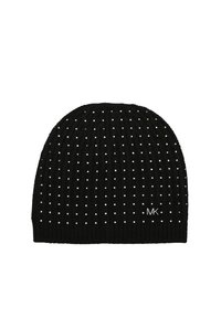 Zwarte gebreide beanie met ribbeltextuur, versierd met kleine zilveren studs die een stippenpatroon vormen, en met een logo aan de zijkant.