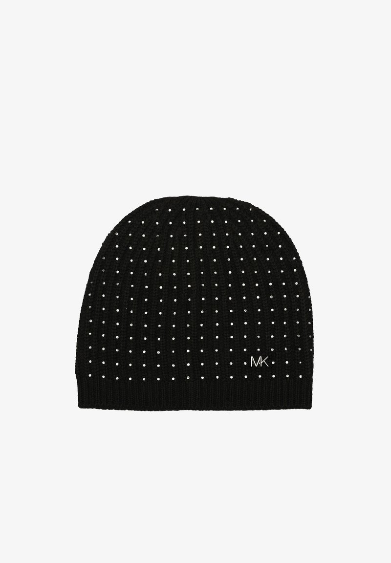 Black knit beanie with ribbed texture, adorned with small silver studs creating a dotted pattern, and featuring a logo on the side.
