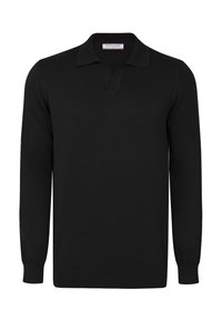 Must mustagahe õhuke polo-sveter, millel on kaelus, sirge äär ja soonikkoes varrukad. Valmistatud siledast kudumisest.