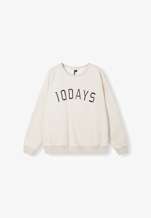 Lichtgrijze sweatshirt met "10 DAGEN" in het zwart gedrukt. Heeft een ronde hals, lange mouwen en een geribde boord en manchetten. Zachte textuur.