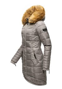 Gray padded coat with a fur-lined hood, featuring zippered side pockets, ribbed cuffs, and a high-low hem design.