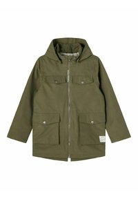 Veste vert olive avec capuche, fermeture éclair devant et deux poches poitrine. Comprend des boutons-pression argentés et une étiquette tissée à l'ourlet.
