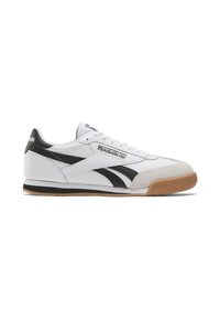 White sneaker with black accents and Reebok branding. Features leather and suede material, flat lace design, gum rubber outsole, and a classic silhouette.