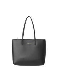Borsa tote nera in pelle con due manici lunghi, forma rettangolare e chiusura con zip. Logo del brand ben visibile sulla parte anteriore. Texture liscia.
