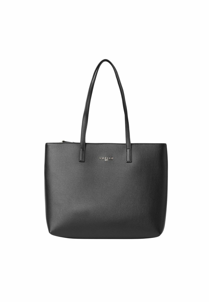 Borsa tote nera in pelle con due manici lunghi, forma rettangolare e chiusura con zip. Logo del brand ben visibile sulla parte anteriore. Texture liscia.