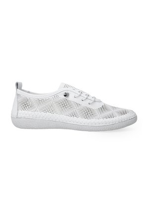 White mesh sneakers feature a perforated upper, round toe, laces, and a textured rubber sole with a decorative stitched edge.