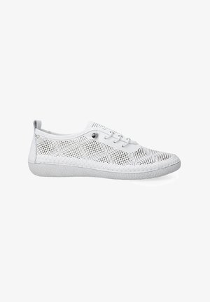 White mesh sneakers feature a perforated upper, round toe, laces, and a textured rubber sole with a decorative stitched edge.