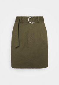 Gonna mini khaki realizzata in tessuto misto cotone, con zip frontale, passanti per cintura e un'accento di fibbia metallica circolare. Design semplice.