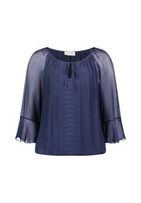 Dunkelbluse in Marineblau mit rundem Ausschnitt, Bindedetail und transparenten, ausgestellten Ärmeln. Mit einem kunstvollen Spitzen-Einsatz an der Vorderseite. Sanfter Stofftextur.
