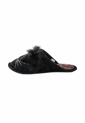 Black plush slipper featuring cat face design with embroidered whiskers, fur pom-pom accent, and a leopard print insole texture.