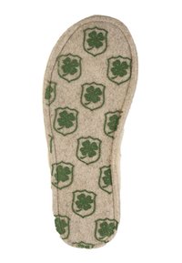 Felt slipper in beige with a pattern of green four-leaved clovers inside shields. Textured surface with rounded toe and reinforced edges.