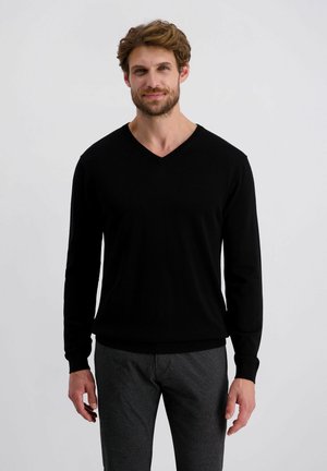 Zwarte v-hals trui met lange mouwen en ribgebreide manchetten. Gladde textuur, slim fit, gecombineerd met grijze geblokte broek. Eenvoudige achtergrond.