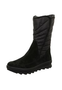 Černé kozačky po kolena vyrobené z kombinace prošívaného a semišového materiálu, s texturovanou gumovou podrážkou a polstrovaným interiérem.