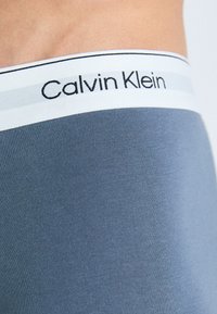Gray fabric waistband with white and navy stripes, featuring "Calvin Klein" logo. Smooth, stretch material. Close-up of the garment design.
