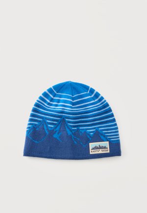 Bonnet tricoté bleu avec des rayures horizontales et un motif de montagne, doté d'un patch étiqueté "Barts Mountain Explorer" sur le bord inférieur avant.