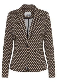Schwarz-beige karierter Blazer mit taillierter Passform, dekorativem Revers, schmalem Knopfverschluss und zwei Fronttaschen.