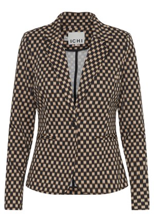 Black and beige checkered blazer with a fitted design, notched lapel, single button closure, and two front pockets.