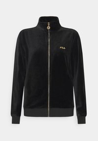 Černá sametová mikina se zipem a zlatým zipem, s logem FILA na levé hrudi, žebrovanými manžetami a límcem.