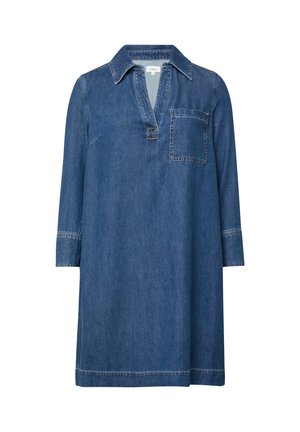 Robe tunique en denim à manches longues, col en V et poche poitrine unique, avec des détails de couture visibles.