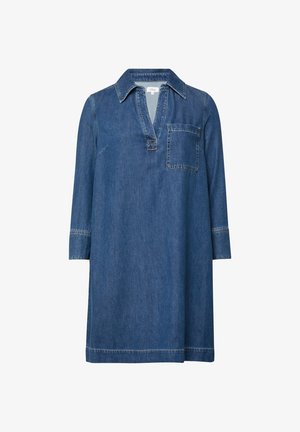 Robe tunique en denim à manches longues, col en V et poche poitrine unique, avec des détails de couture visibles.