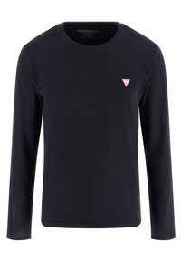 Svart långärmad t-shirt gjord av mjukt tyg, med rund halsringning och en liten röd och vit triangel-logotyp på vänster bröst.