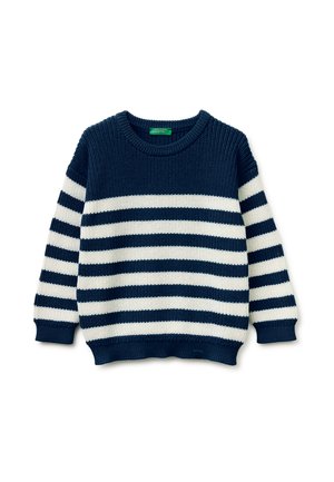 Maglione a righe blu navy e bianco in maglia con maniche lunghe e polsini, colletto e orlo a coste.