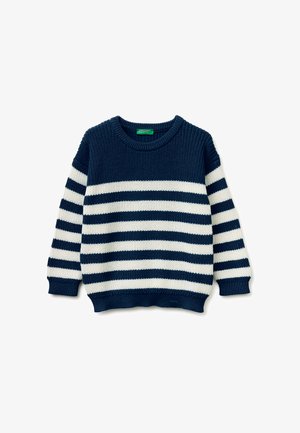 Maglione a righe blu navy e bianco in maglia con maniche lunghe e polsini, colletto e orlo a coste.