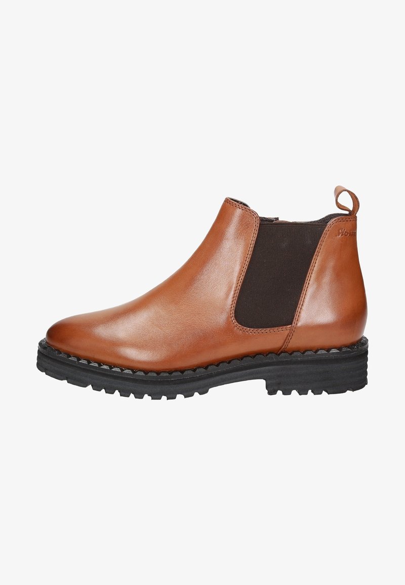 Stivaletto in pelle marrone con pannelli laterali elasticizzati, punta arrotondata e suola in gomma nera texturizzata. Include un'etichetta per indossarlo facilmente.