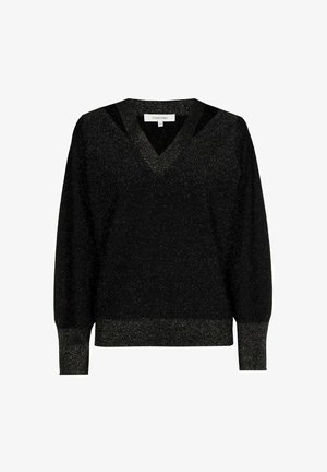 Zwarte V-hals trui met lange mouwen en subtiele glans, geribde boorden en zoom, getoond op een witte achtergrond.