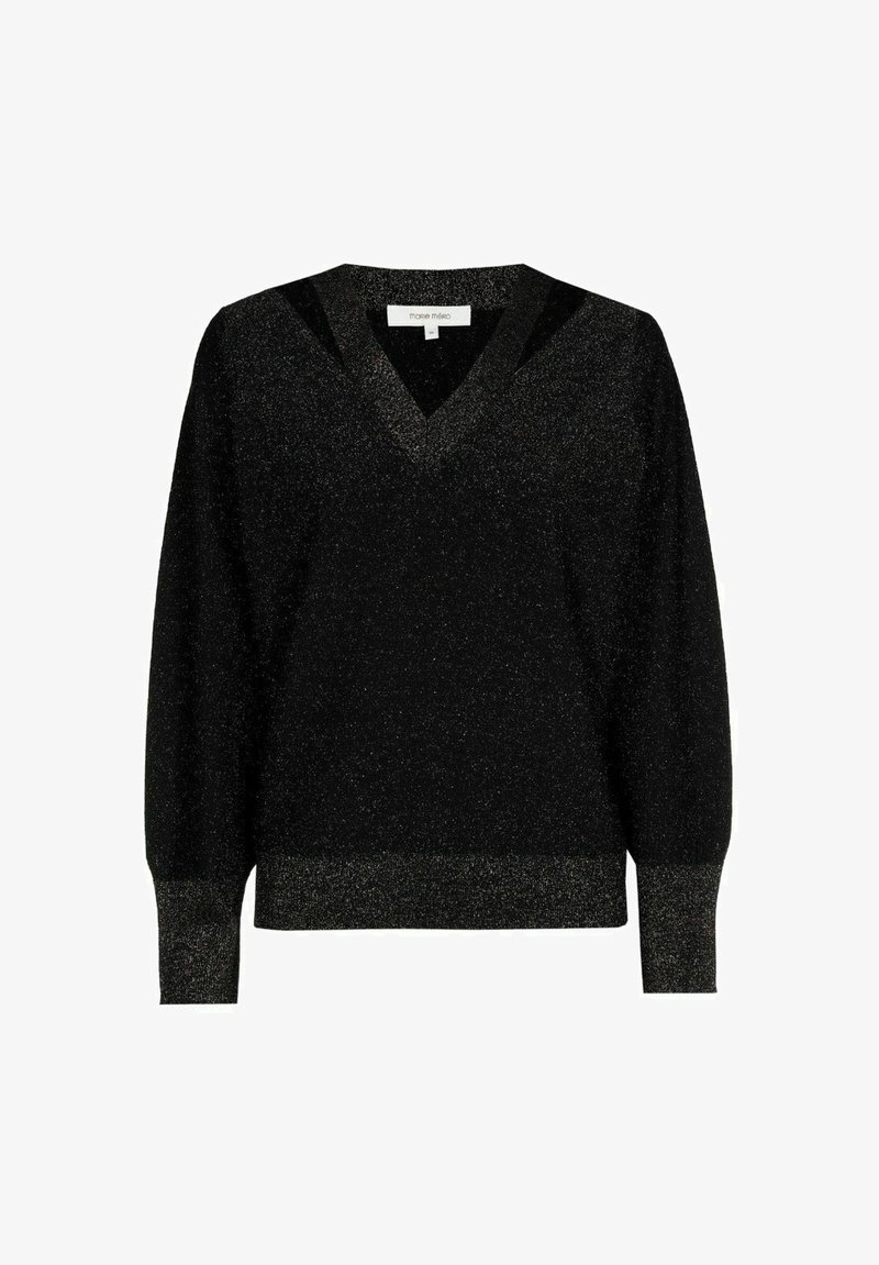 Zwarte V-hals trui met lange mouwen en subtiele glans, geribde boorden en zoom, getoond op een witte achtergrond.