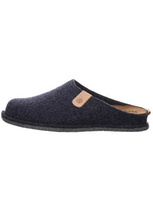 Dark navy wool slipper with a curved design, open back, and textured surface. Features a tan leather accent near the upper.
