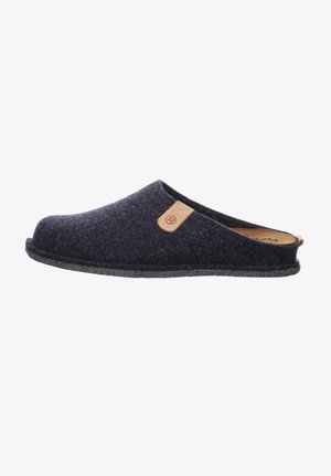 Chausson en laine bleu marine foncé avec un design courbé, dos ouvert et surface texturée. Présente un accent en cuir beige près de la tige.