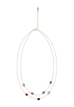 Fin dobbelt sølvkæde med syv ovale ædelsten i rød, lilla, grøn, blå, sort, sart lyserød og lys gul.