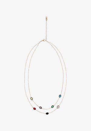 Fin dobbelt sølvkæde med syv ovale ædelsten i rød, lilla, grøn, blå, sort, sart lyserød og lys gul.