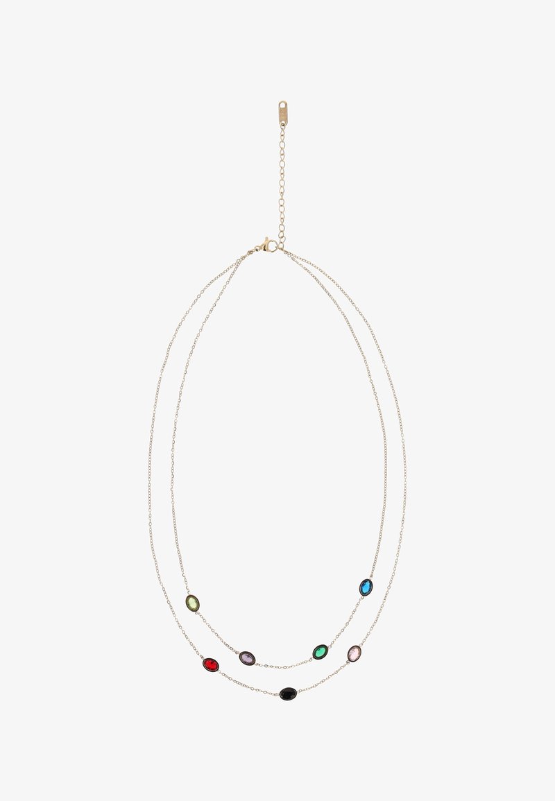 Colier delicat cu dublu lanț argintiu, decorat cu șapte pietre prețioase ovale în roșu, violet, verde, albastru, negru, roz pal și galben deschis.