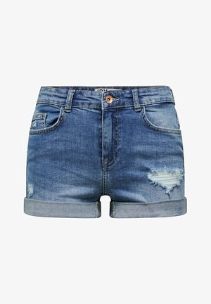 Niebieskie szorty dżinsowe z podwiniętymi mankietami, przednim guzikiem, pięcioma kieszeniami oraz przetarciem na prawej udzie.