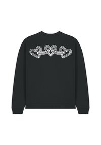 Sweatshirt noir avec un graphique en chaîne de cœurs blancs au dos. Col rond, poignets et ourlet côtelés. Tissu en coton doux.