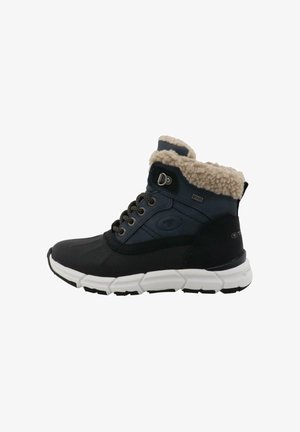 Sorte og blå vinterstøvler med en faux fur-krave, tekstiloverdel, snørebåndsdesign og hvid gummisål med struktureret sål.