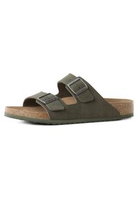 Green suede slide sandal with two adjustable straps, silver buckles, cork footbed, and textured rubber sole.